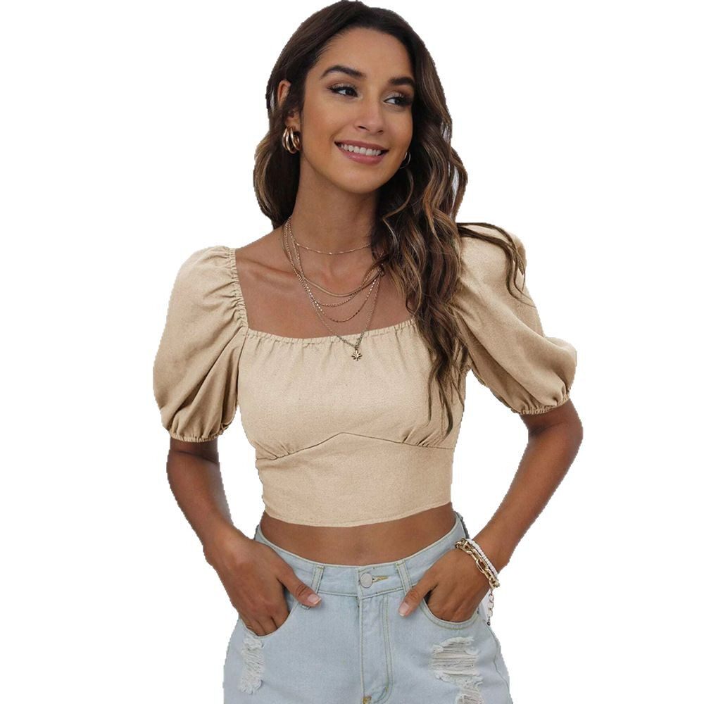 Womens Lantern Sleeve Backless Tie T Shirt Solid Color Square Neck Short Length Spring Summer Casual Wear