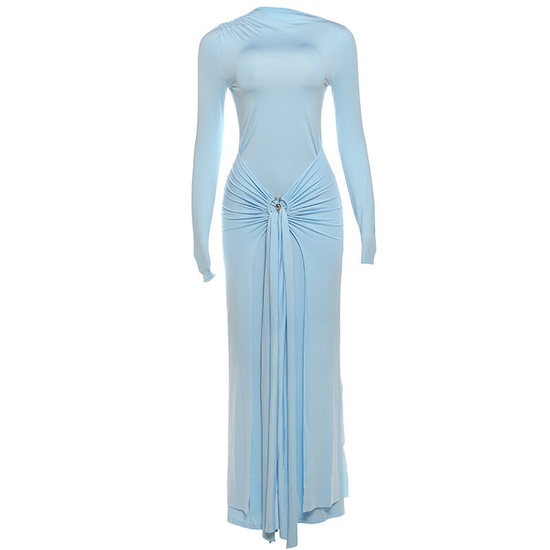 Elegant Long Sleeve Solid Color Maxi Dress with Decorative Ring and Tie Detail for Women Autumn Collection Wholesale Available