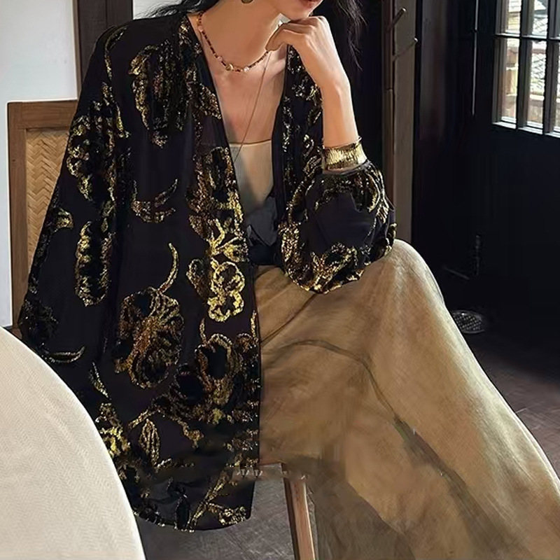 Áo cardigan nữ dệt vải họa tiết in hoa cổ chữ V dáng rộng — Bắc Kinh xanh, mạ vàng, màu son, màu vàng chanh