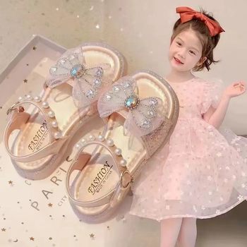 Girls' Sandals 2024 Summer New Dancing Children's Shoes Baby Crystal Princess Shoes Soft Sole Girls Large Children