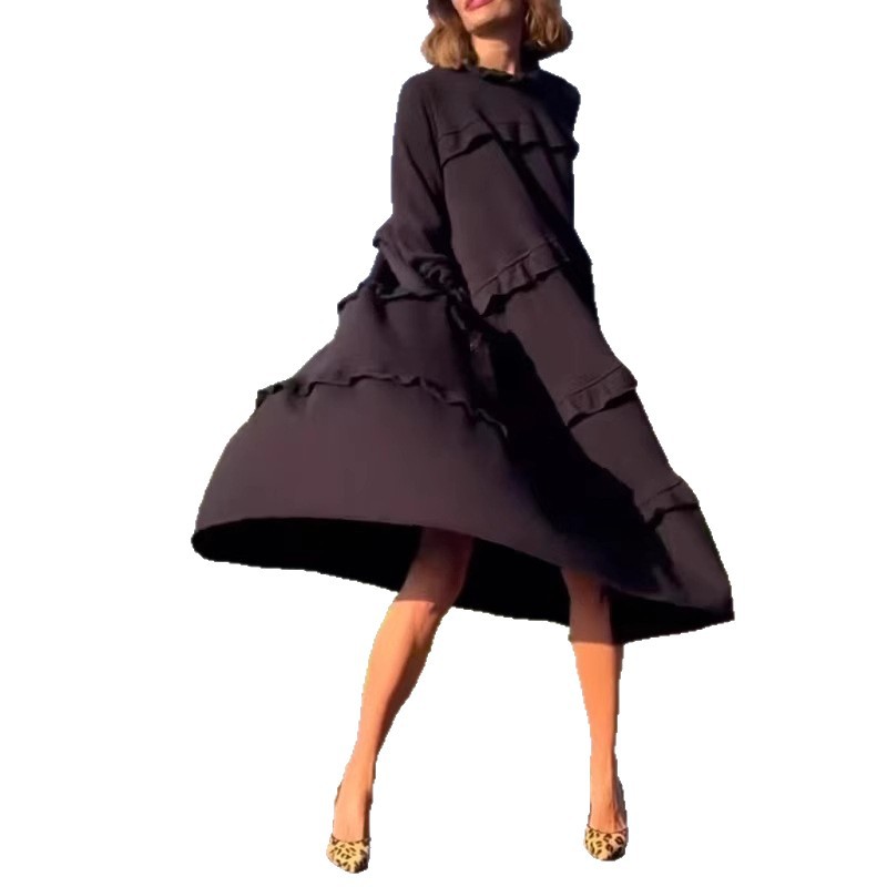 Womens Long Sleeve Color Block Ruffle Hem Dress Summer Style Casual Wear Elegant Design Wholesale Available