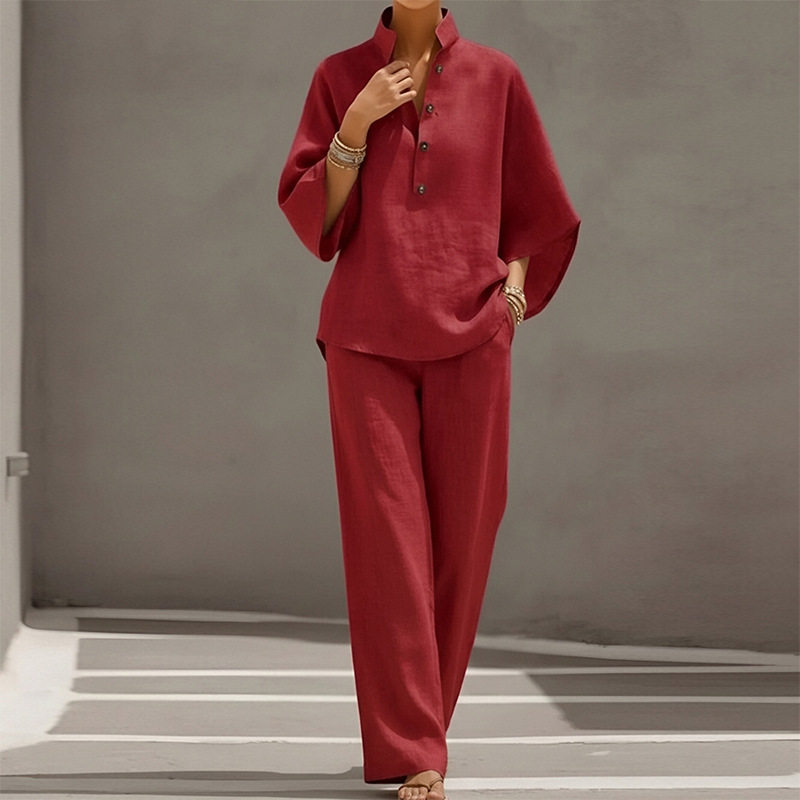 Womens Spring Casual Set Loose Fit Solid Color Top and Long Pants Perfect for Everyday Wear Wholesale Available