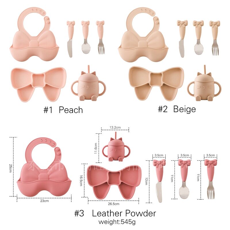 Amazon New Silicone Tableware suit Children's Supplementary Food Bow Split Plate Baby Dining Bib Fork Spoon
