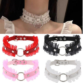 European and American punk rivet lace leather pu stitching leather O-shaped collar neckband necklace clavicle chain sweet jewelry
