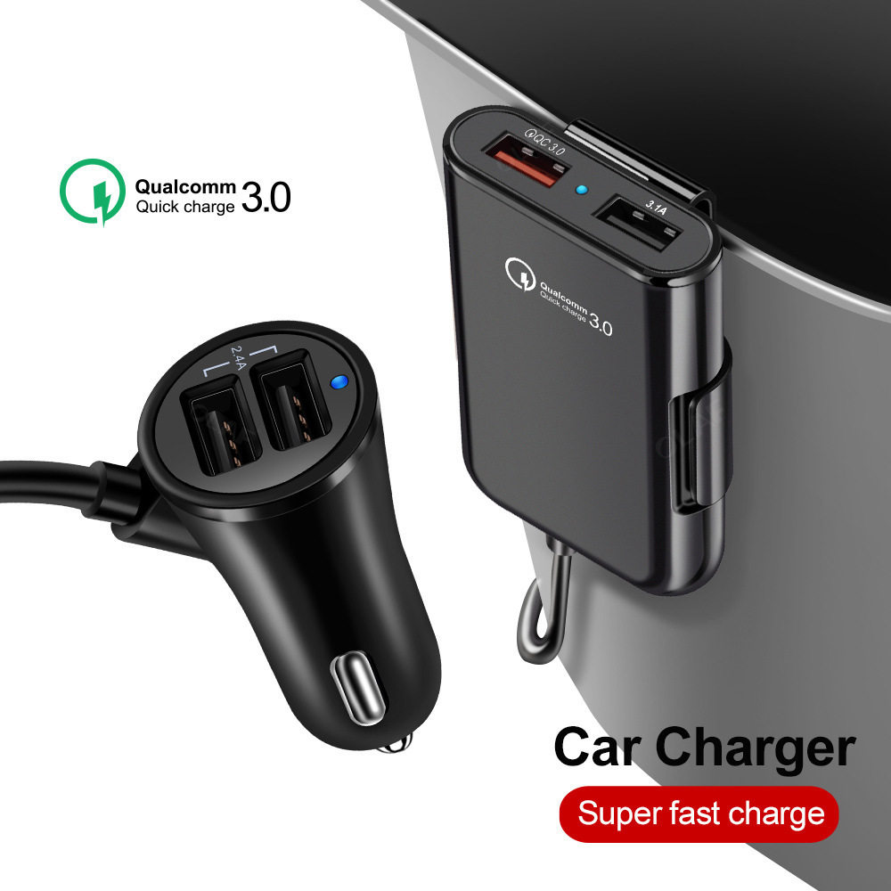 Ce/Rohs/Fcc Certified Front and Rear Seat 8A Multi-Port 4Usb Car Charger Car Mobile Phone Charger with Cable Qc3.0
