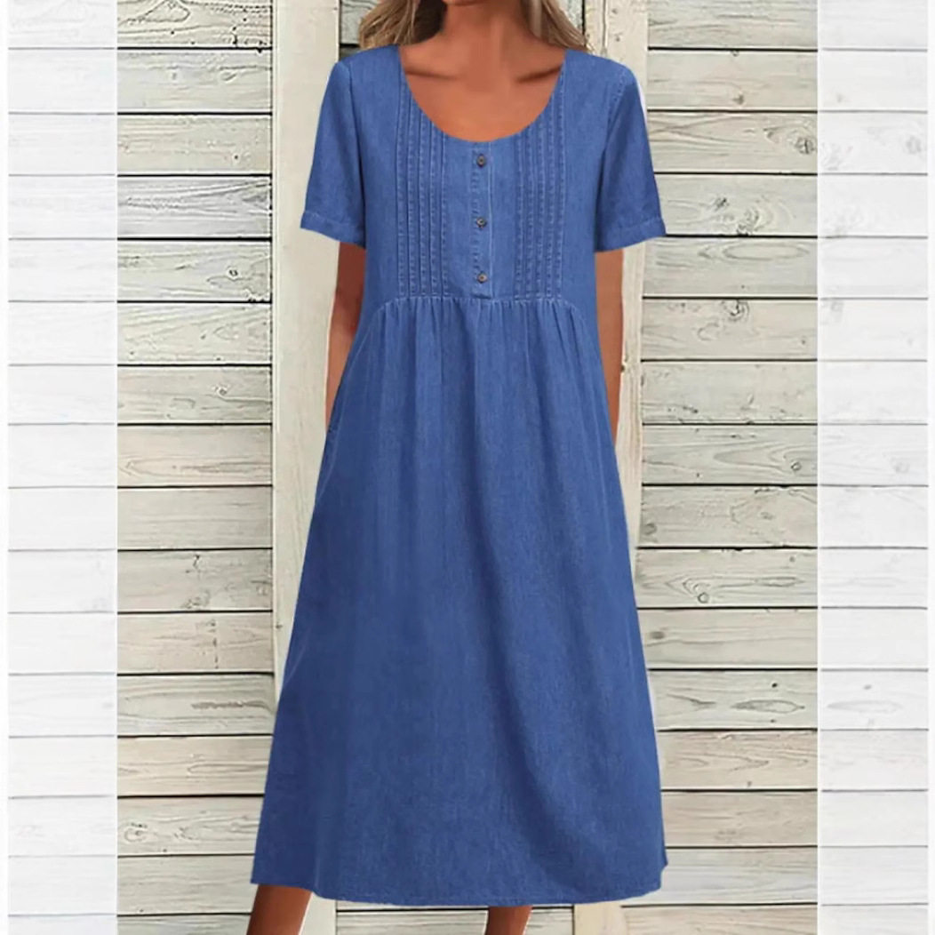 Elegant Denim Midi Dress for Women U Neck Short Sleeve Summer Style Wholesale Available ready to ship