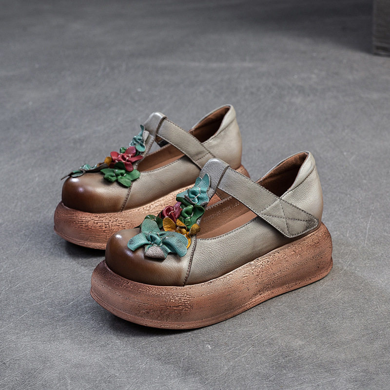 Giày Búp Bê Nữ Đế Xuồng Dán (Miếng Dán) Phong Cách Vintage Chiều Cao Đế Khoảng 5cm Màu Nâu, Xám