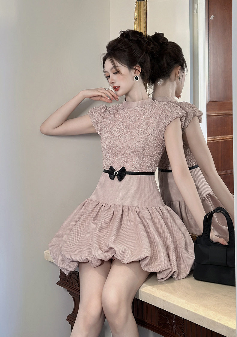 Đầm dự tiệc mùa hè ôm body tay bồng cổ tròn — [Hồng anh đào] chi tiết 7