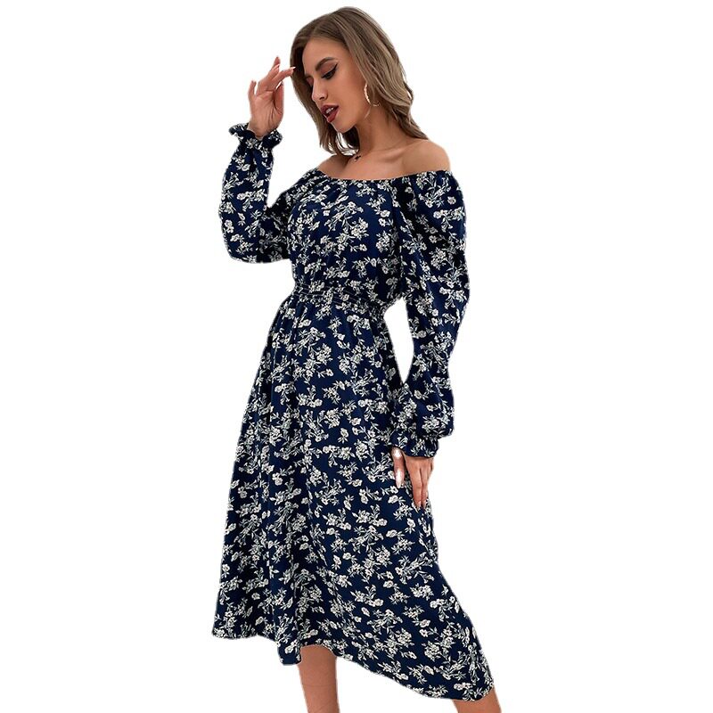 Blue Floral Off Shoulder Dress Long Sleeve Stylish Autumn Fashion Wholesale Available private label