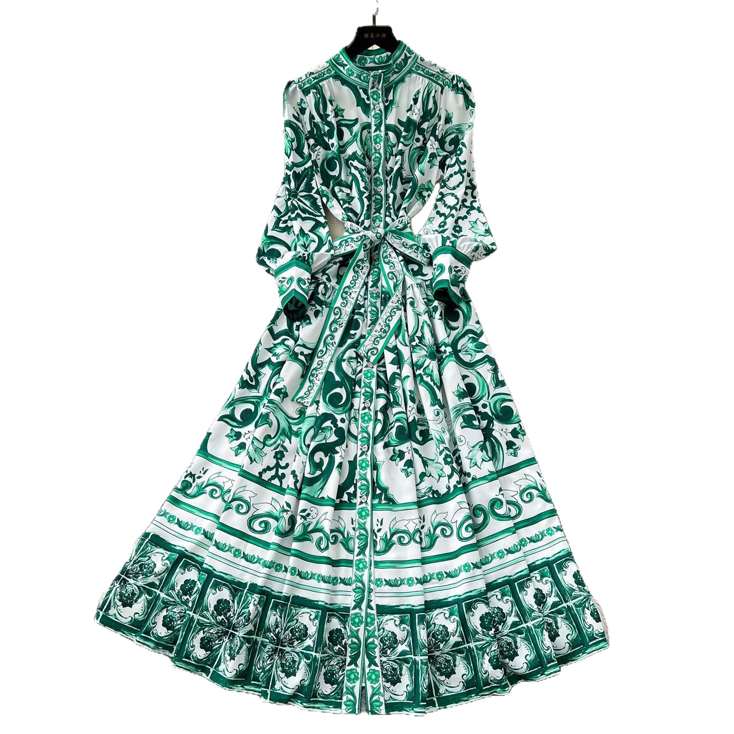 Vintage Floral Maxi Dress for Women Lantern Sleeves Stand Collar Button Closure Waist Tie Elegant Summer Style