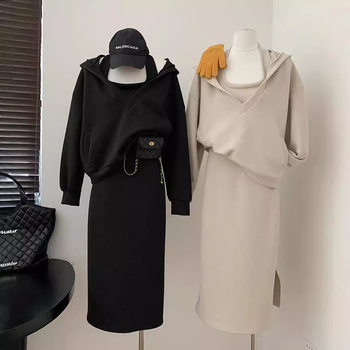 2024 Spring and Autumn New Korean Style Loose Hooded Sweatshirt plus size suit Women's Sexy Neck dress Two-piece Fashionable Set