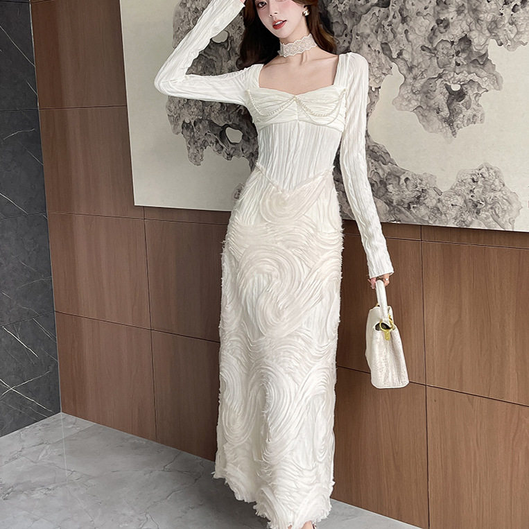 French Romantic White Textured Knit Dress Square Neck Long Sleeve Waist Cinching Elegant Evening Wear for Fall and