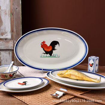 Old-Fashioned Retro Household Rooster Dry Steamed Long Plate Rice Plate Hotel Restaurant Large Size Rectangular Plate Steamed Fish Plate Commercial