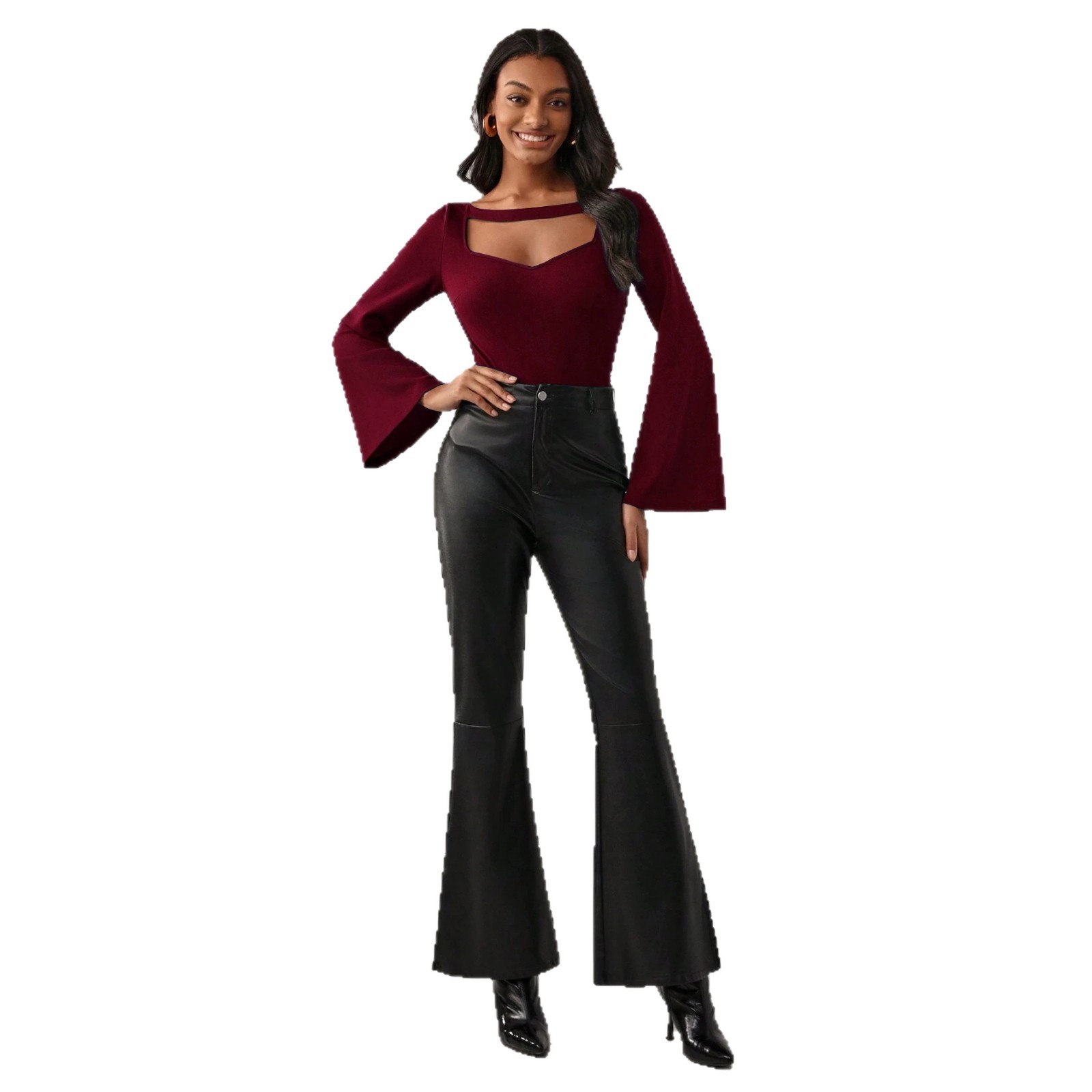 Bell Sleeve Top Hollow Design Slim Fit Elegant Style Perfect for Office Wear Wholesale Available