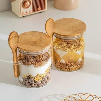High borosilicate glass sealed jar round storage jar with spoon seasoning jar candy tea jar multi-use storage sealed jar