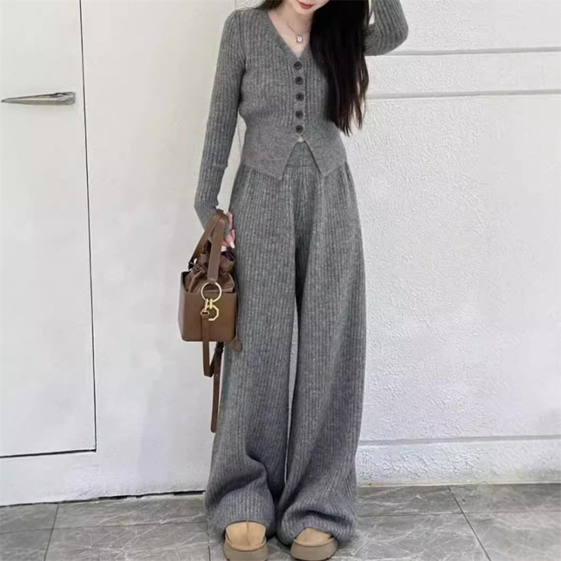 2025 Autumn and Winter Slim Fit Easiest for Match Sweater Suit Women's Two-Piece V-Neck Cardigan Slim High Waist Sweater + Wide Leg Pants
