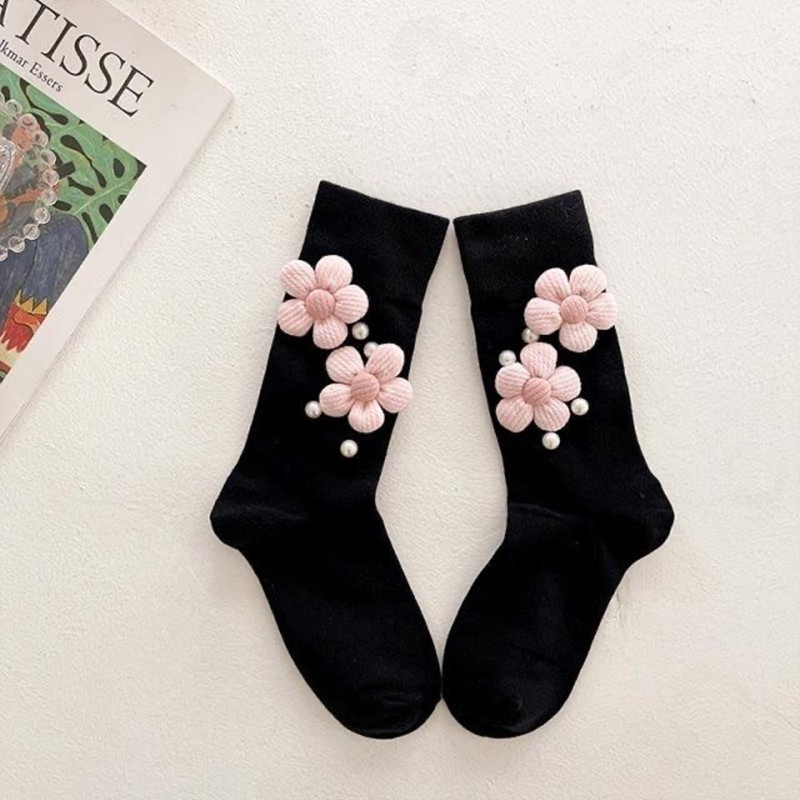 韩国手工立体珍珠花朵luolita纯棉小腿袜子女珠光可爱中筒堆堆袜 - 图0
