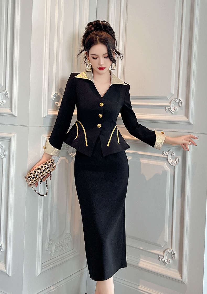Bộ đầm nữ hai món áo khoác cổ chữ V thắt eo và chân váy ôm cạp cao — Màu đen