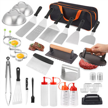 Outdoor Camping Style Iron Plate Barbecue Shovel Bbq Seasoning Squeeze Bottle Food Clip Hamburger Meat Press Portable Combination Set