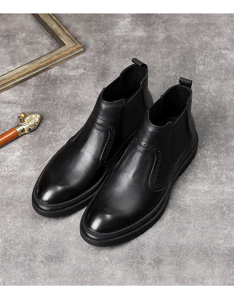 Boot Chelsea nam cổ trung da bò mềm lót nhung giữ ấm mũi tròn — Màu đen, Màu đen lót nhung, Màu xám nhạt