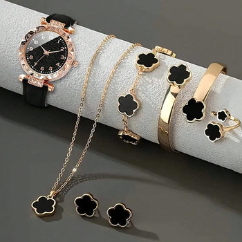 Cross-Border Hot-Selling Diamond-Encrusted Watch Women's Belt Digital Dial Quartz Watch High-Value Five-Leaf Clover Jewelry Watch Set