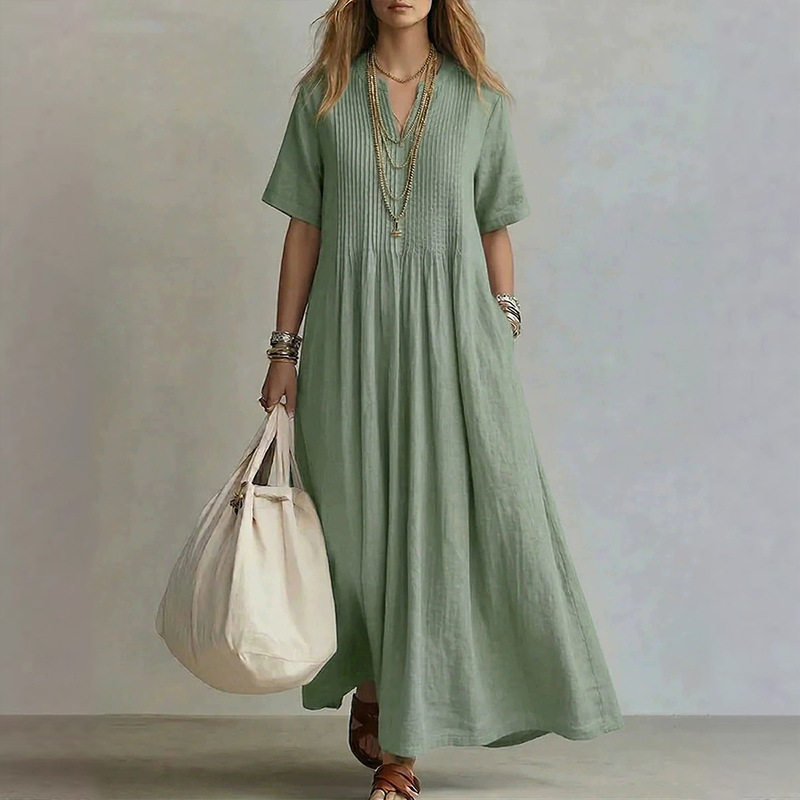 Casual Vacation Style Womens Maxi Dress Solid Color V Neck Long Sleeve Summer Collection Wholesale Available