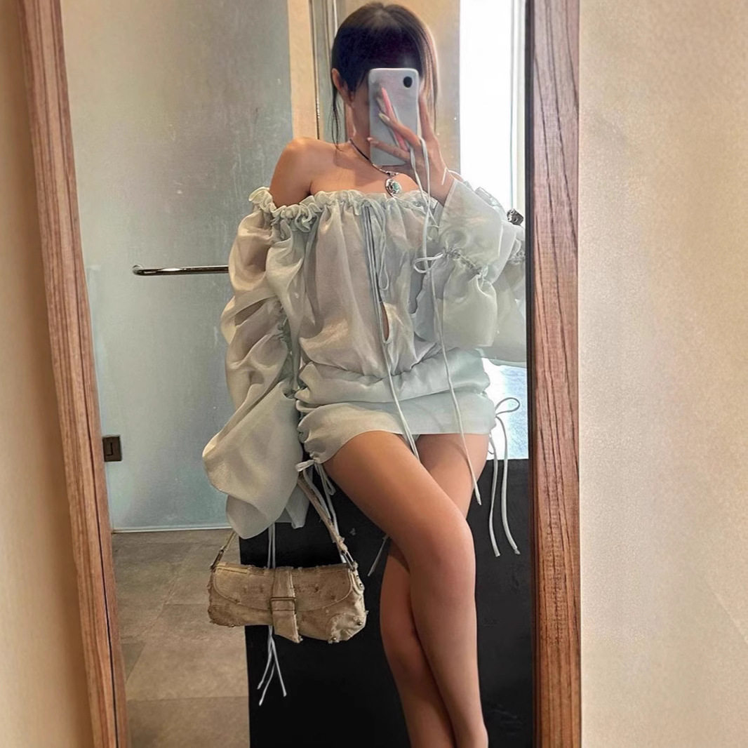 Off Shoulder Ruched Bodycon Dress Lantern Long Sleeves Sexy Fit Autumn Fashion Wholesale Available
