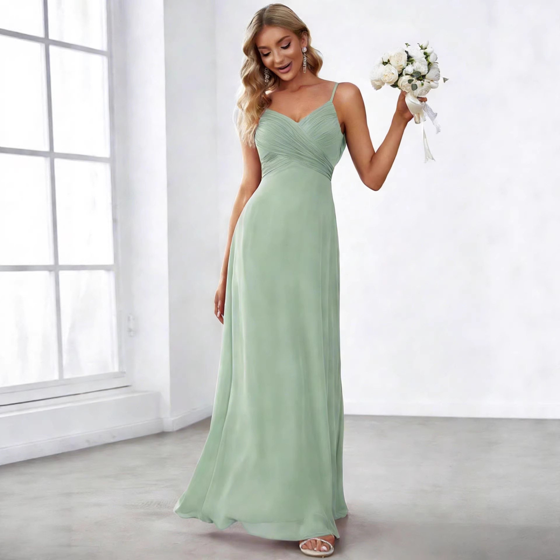 Sleeveless Deep V Neck Chiffon Dress Solid Color Pleated Front Elegant Design Perfect for Parties and Special