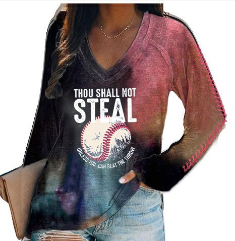 外贸跨境夏季女装简约休闲v领长袖T恤印花T恤女 独立站厂家货源