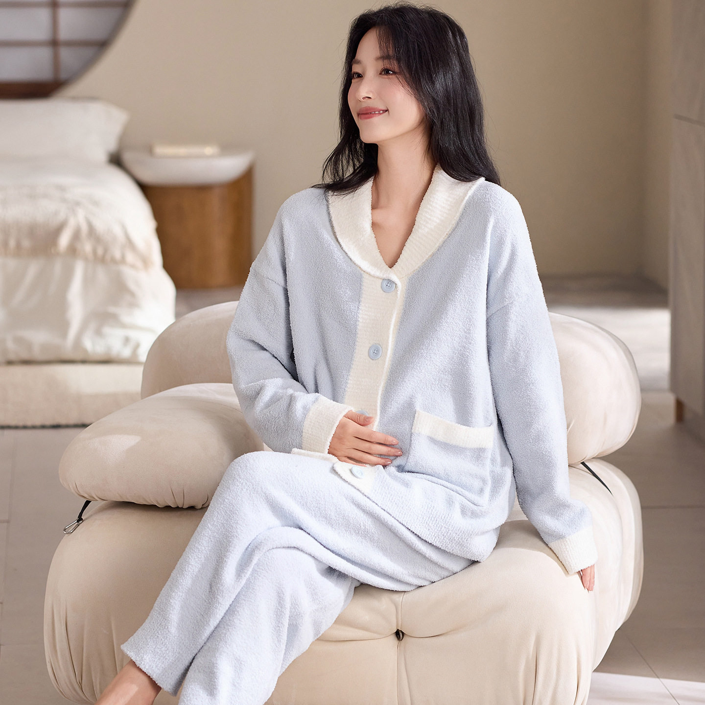 Autumn and Winter Postpartum Clothing Cardigan Flannel Pajamas for Women Pregnant Women Postpartum Home Clothes Set Thickeneded Half Velvet Women