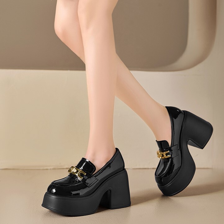 Giày lười nữ da bóng đế dày tăng chiều cao 10cm — màu đen, Màu trắng ngà