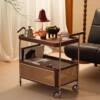 Quiet Style Vintage Storage Trolley Nordic Solid Wood Side Table Living Room Rattan Storage Cabinet Movable Side Cabinet