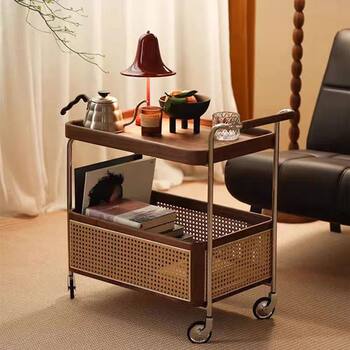 Quiet Style Vintage Storage Trolley Nordic Solid Wood Side Table Living Room Rattan Storage Cabinet Movable Side Cabinet