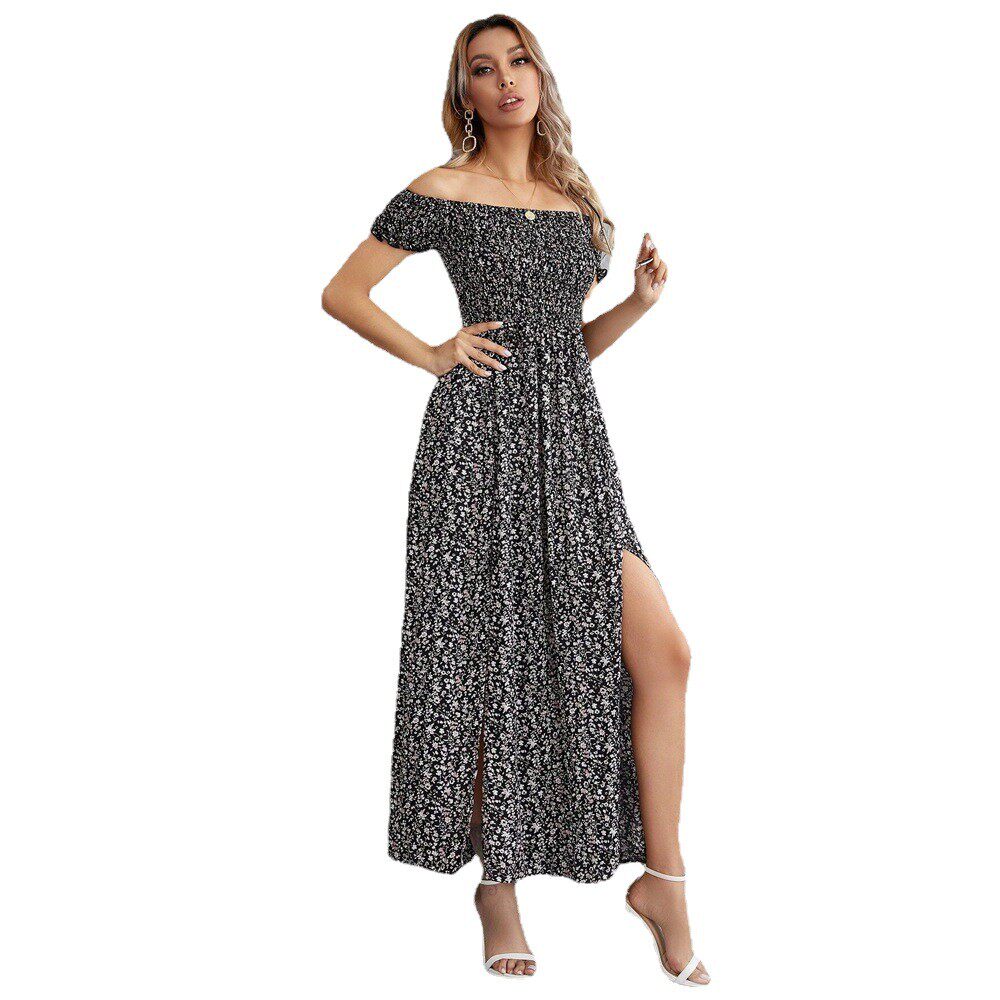 Elegant Off Shoulder Maxi Dress Floral Print Elastic Waist Flared Skirt Fashionable for Parties and Special Occasions