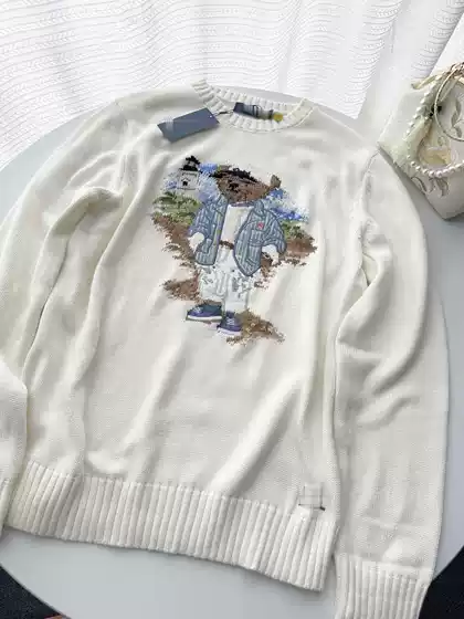 Rl/Scanable 25-Year-Old Bear Autumn and Winter New Style Pure Cotton Heavy Embroider Cartoon Round Neck Knitwear for Men and Women