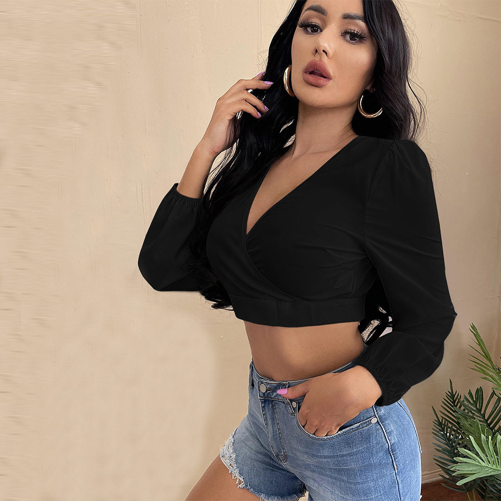 V Neck Long Sleeve T Shirt Sexy Backless Design Versatile Short Style Autumn Winter Womens Fashion Wholesale