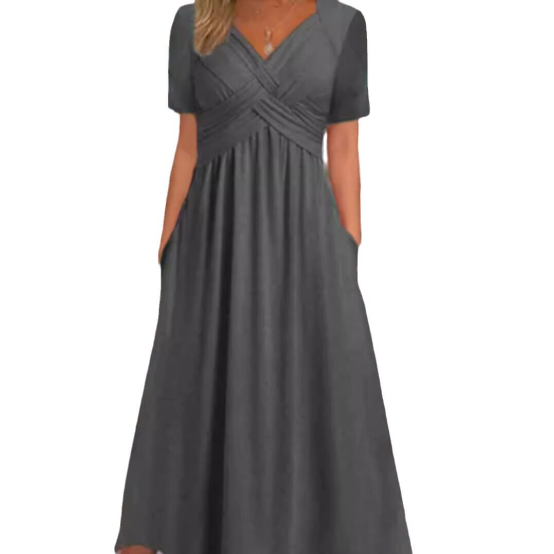 Fashionable Womens Solid Color V Neck Short Sleeve Pocket Dress Autumn Collection Casual Wear OEM Available
