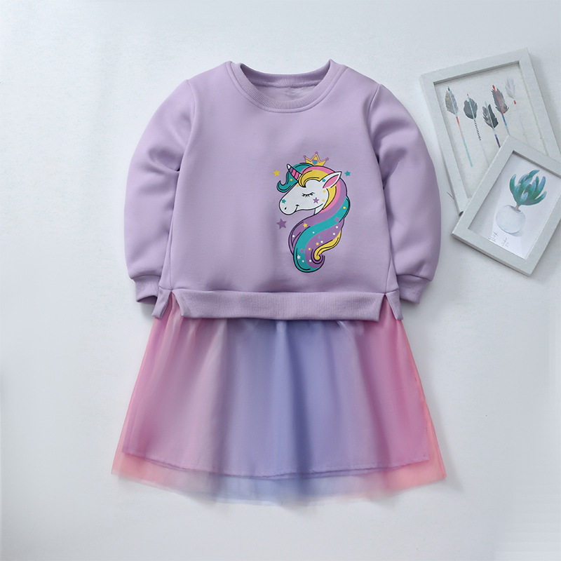 Girls' Dress Wholesale, Winter Fleece-Lined Princess Dress, Unicorn Mesh Thickened Dress