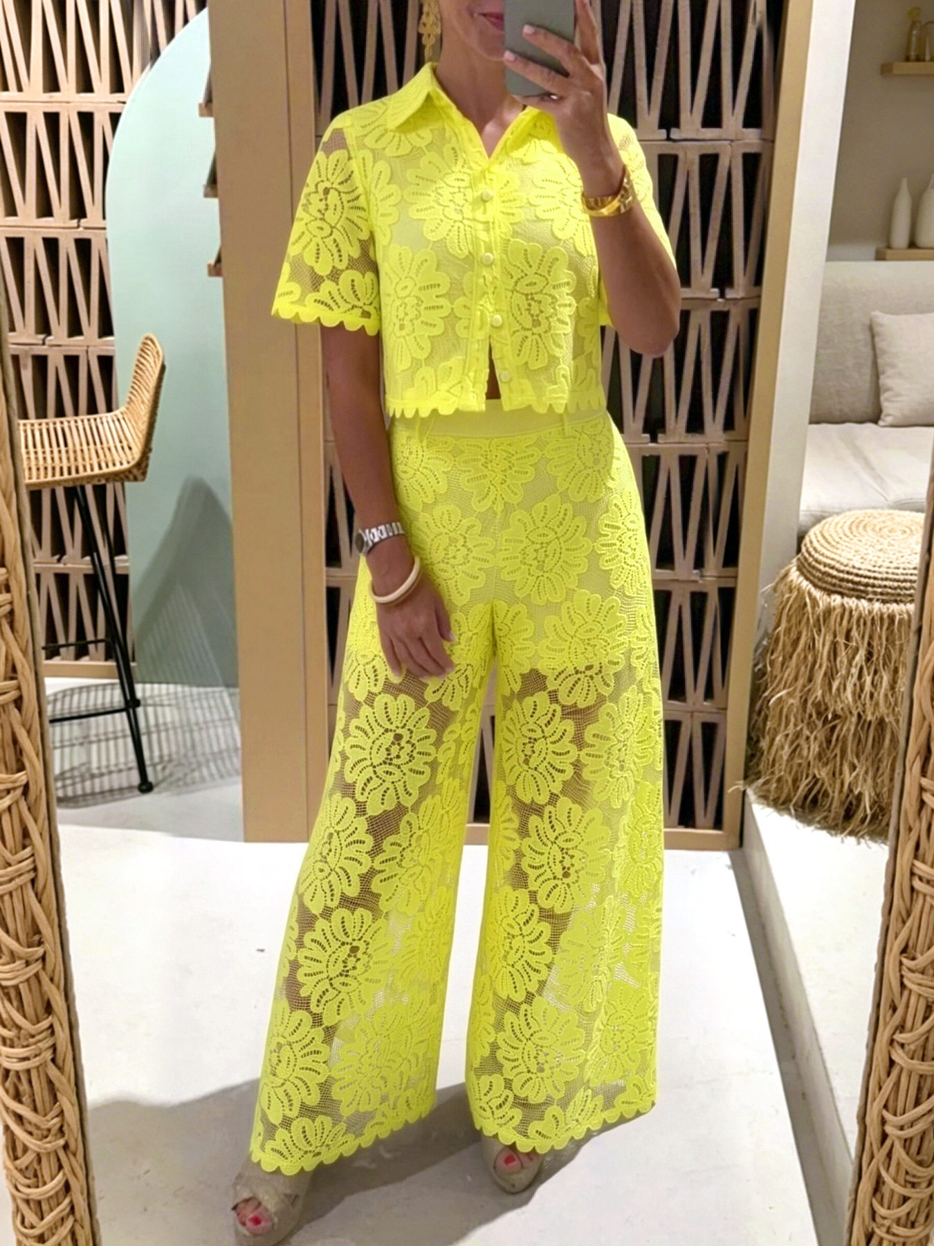 Lace Crochet Short Sleeve Top and High Waist Pants Set Elegant Design Solid Color Comfortable Fit Perfect for Casual