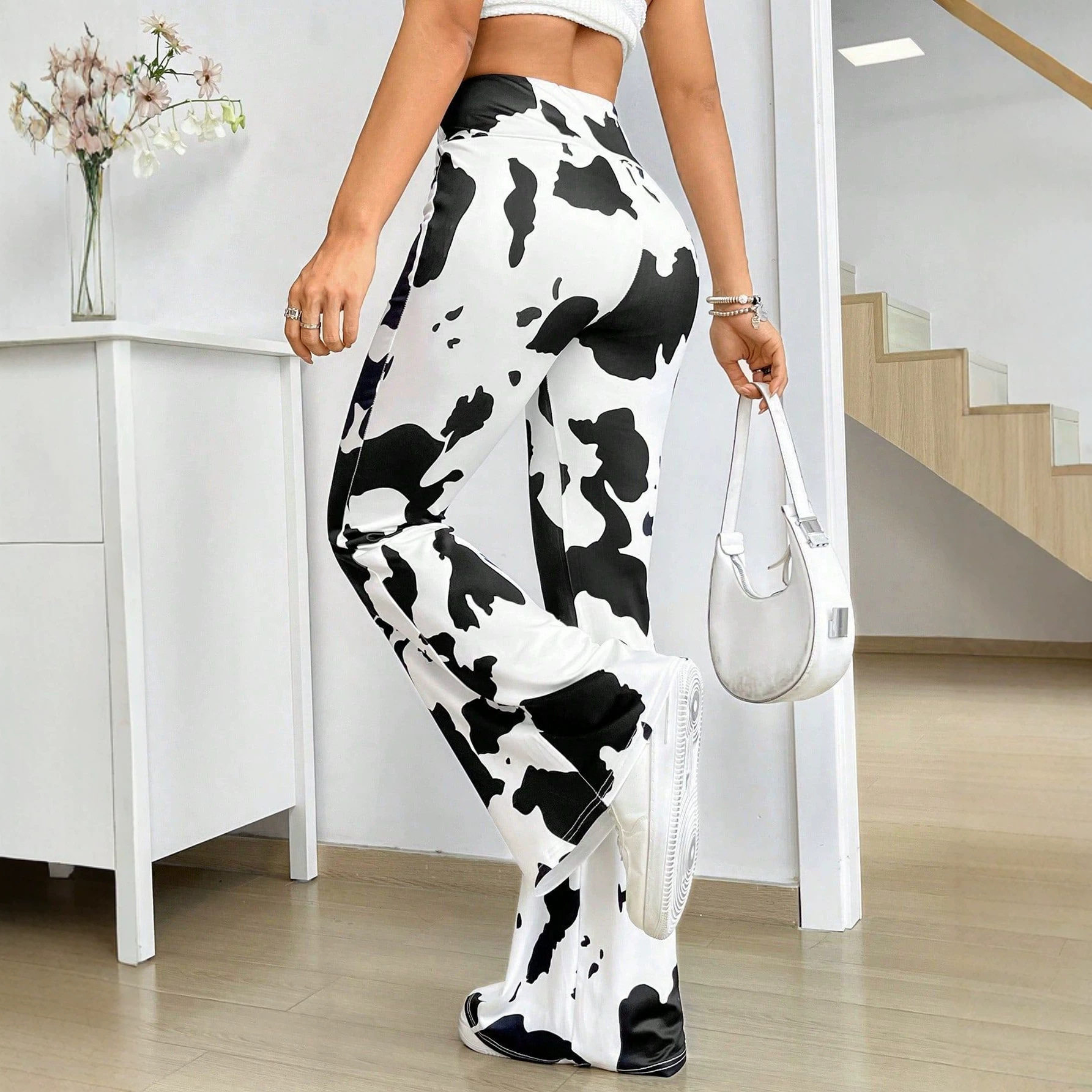 Cow Print High Waisted Flare Pants Stretchy Fabric Versatile Style Trendy Design Ready to Ship