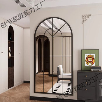 French Retro Full-Body Mirror Home Checkered Fake Window Wall Mirror Scandinavian Medieval Dressing Mirror Living Room Decorative Mirror