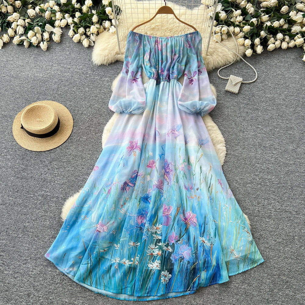 Off Shoulder Floral Dress Lantern Sleeves Waist Defined A Line Spring Fall Style Perfect for Vacations Wholesale