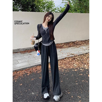 Casual Sports Suit for Women, Slim Fit, Autumn 2025 New Fashion, Trendy Internet Celebrity Wide-Leg Pants Two-Piece Set