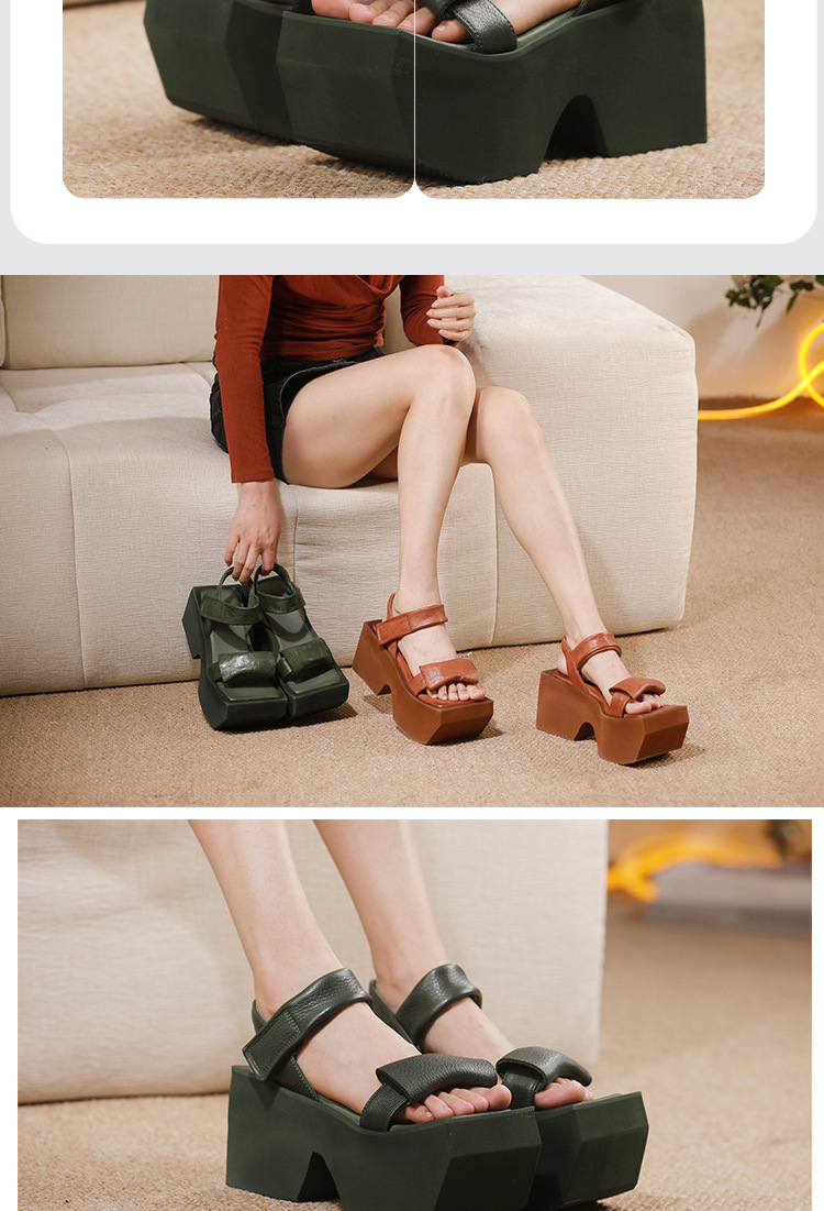 Sandal nữ quai ngang bản rộng đế dày tôn dáng, da bò thật cao cấp — màu đen, Màu nâu, Xanh rêu đậm