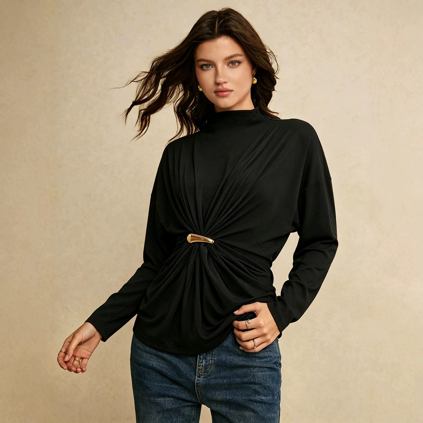 Long Sleeve Turtleneck Top Metal Button Detail Ruched Design Slim Fit Autumn Winter Fashion Wholesale Available