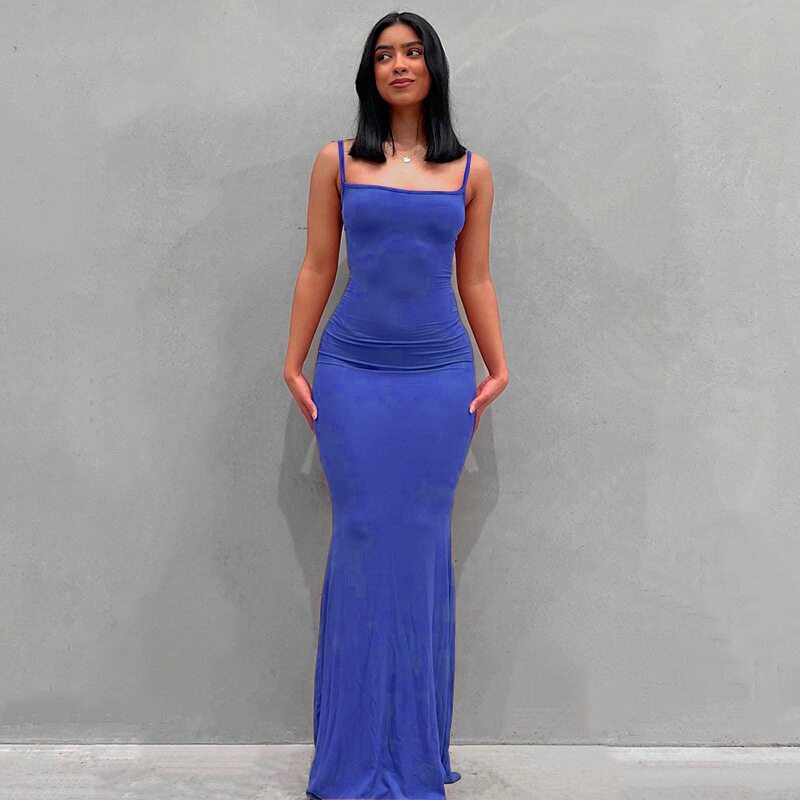 Womens Solid Color Bodycon Maxi Dress Spaghetti Straps Mermaid Hem Peach Butt Lift Elegant Evening Wear Wholesale