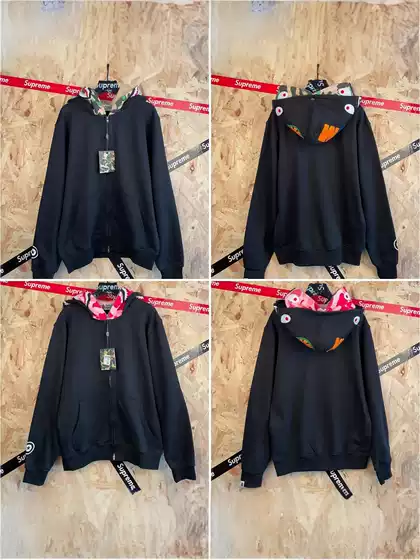 Bape American Streetwear Color-Blocking Double Hood Shark Zip-Up Hoodie - High-Quality Export Wholesale