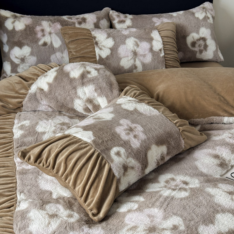 Ancient French Rabbit Plush Four-Piece Set Milk Velvet Autumn and Winter Fleece-Lined Thickeneded Quilt Cover Three-Piece Set Double-Sided Velvet Carving