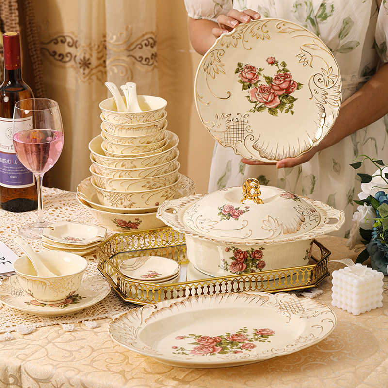 European Ceramic Tableware, High-End Gold-Painted Plates, Household Eating Bowls, Soup Bowls, Plates, Fruit Plates, Snack Plates