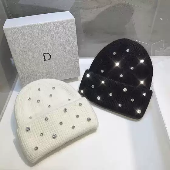 French Entry Luxury Rhinestone Heavy Industry Rabbit Hair Knitted Hat Women's Autumn and Winter New Sweet Joker Bag Head Cap Outdoor Warm Hat